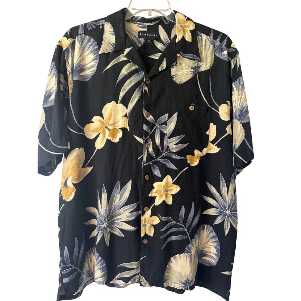 Vintage Baracuta Men’s XL Hawaiian Floral Button Up 100% Silk Camp Shirt Black